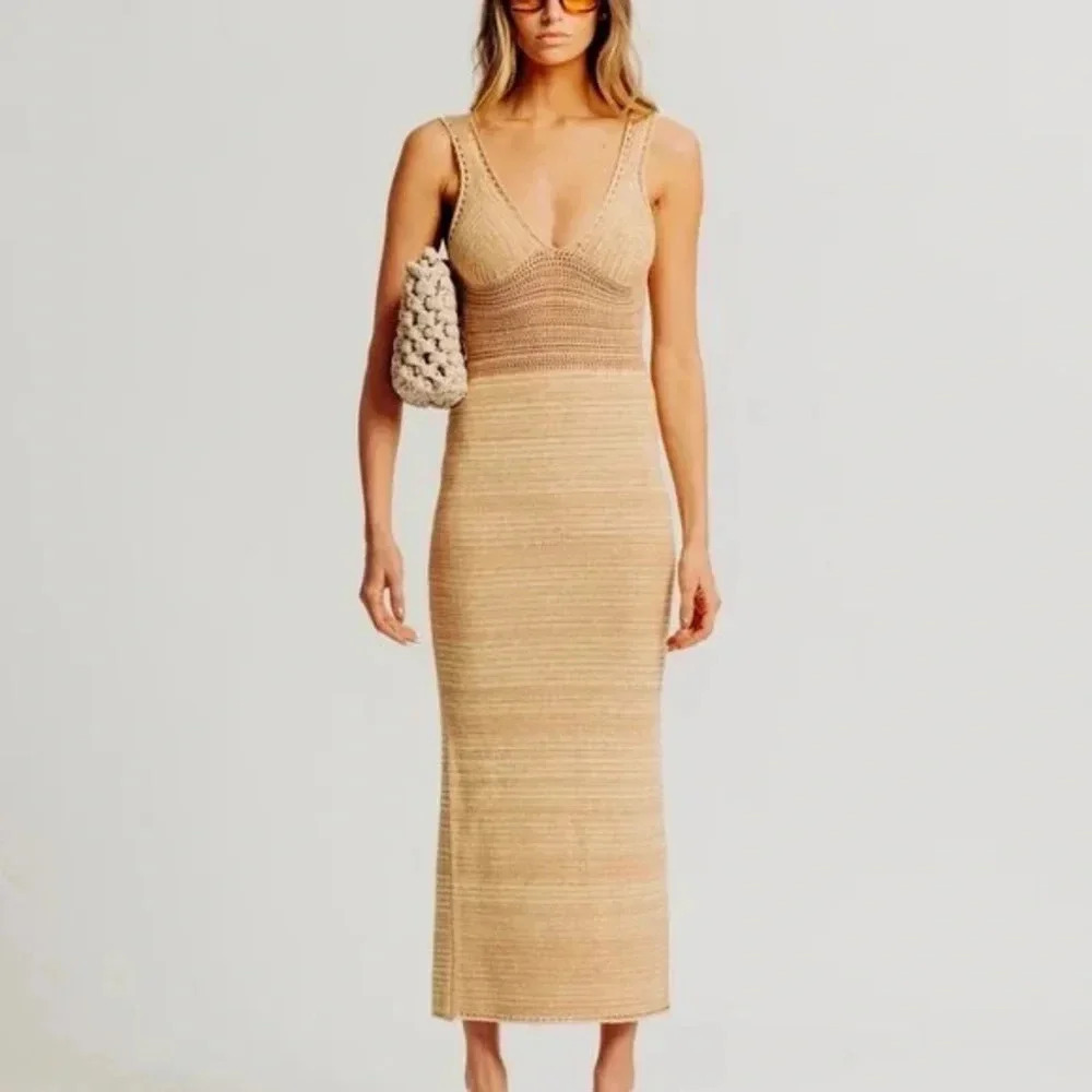 Torn by Ronny Kobo Madi Crochet Dress beige sand maxi resort vneck open back
